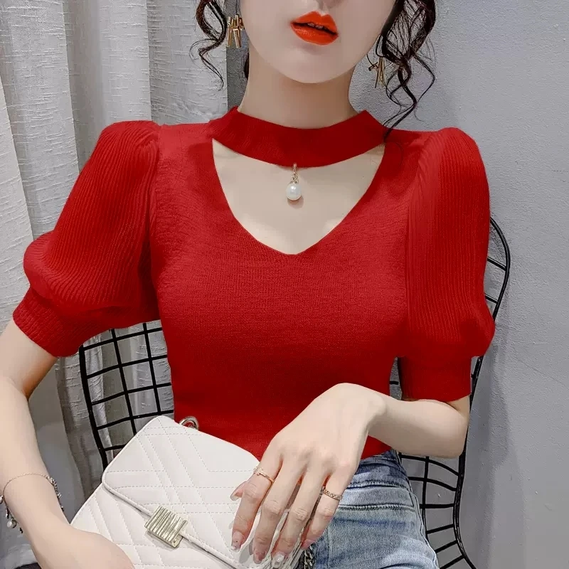 Korean Sweater Women Clothes Puff Sleeve Elegant Ladies Knit Tops Fashion Y2K Halter Sweaters 2022 Fall V Neck Woman Pullover