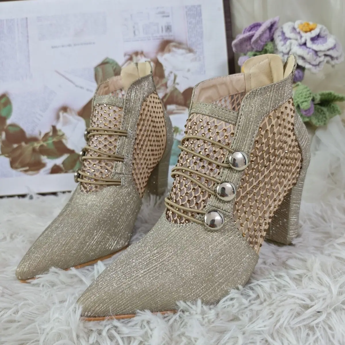 

Unique Women's High Boots Hollow Pointed Toe Breathable Mesh Heels for Ladies Rhinestone Thick Heel Fashion Summer Boots