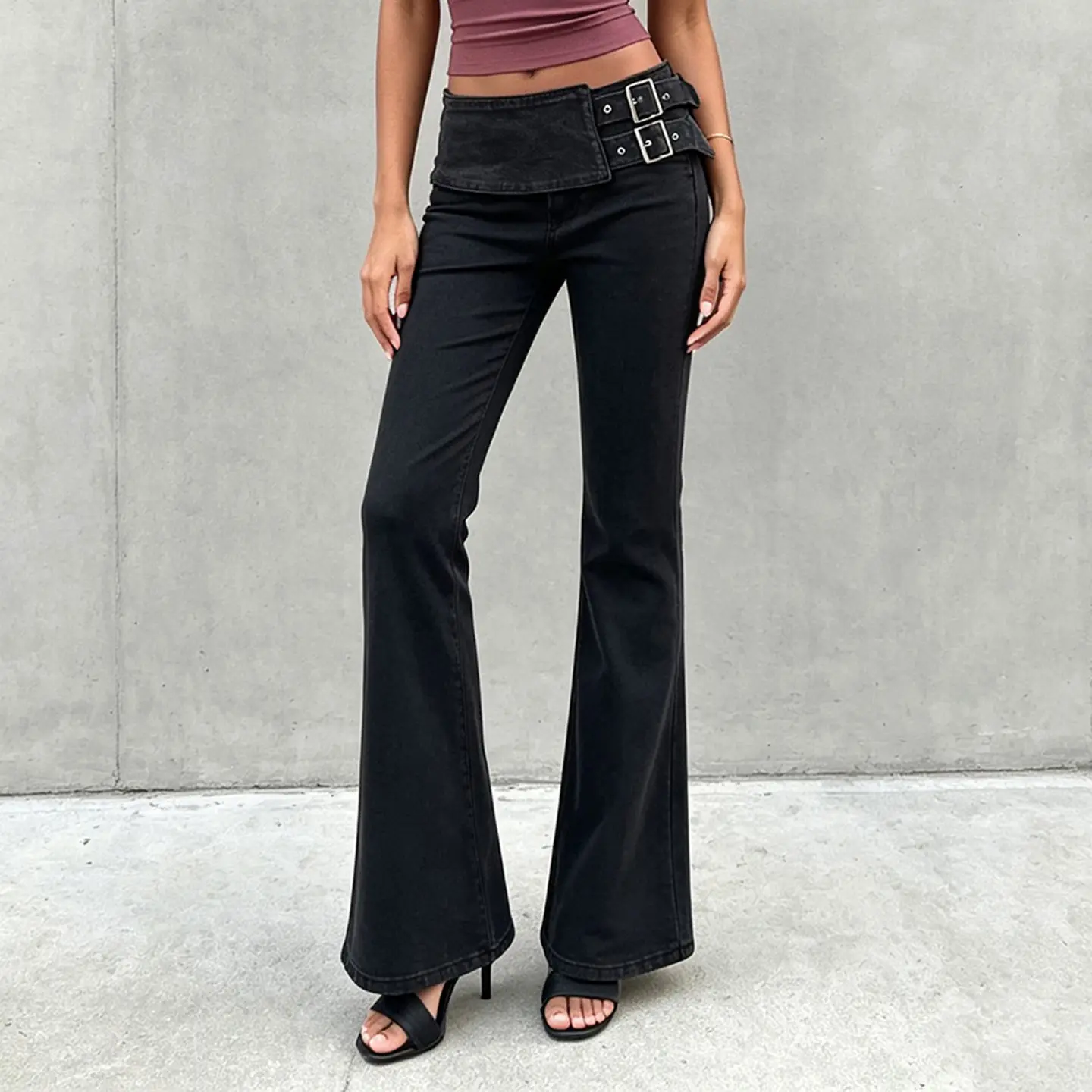 European and American Street Metal Buckle Belt Jeans for Women, Low-waisted Trousers, Loose Slimming Hot Girl Bootcut Pants