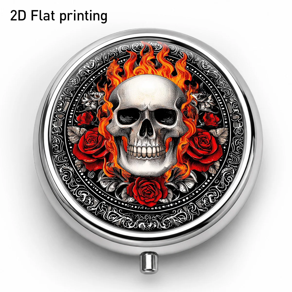 Single-piece, flat-printed, round pill box with a flame skull rose pattern, three compartments for portable storage, suitable for organizing small items, ideal for jewelry, medication, and vitamins, featuring a cool dark fantasy illustration design, flat-printed