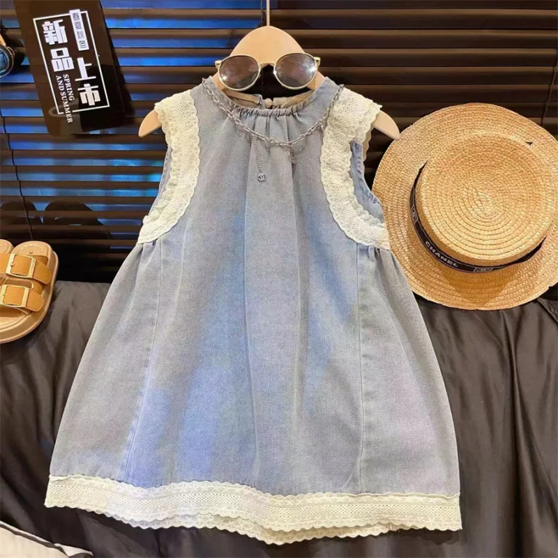 

New Girls' Summer Clothes2024New Summer Clothing Dress Kids' Skirt Western Style Denim Children Sleeveless Dress