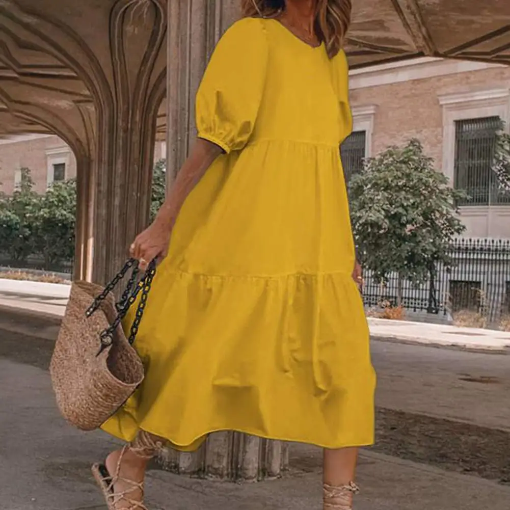 Sundress Casual 2024 Summer Beach Dress Elegant Loose Puff Sleeve Women Oversized Maxi Dresses Solid Floor-length Vestido