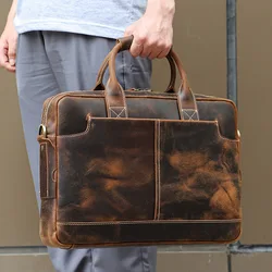 Strictly Select Crazy Horse Bag Genuine Leather Briefcases Men Bags Briefcase Men Handbag Casual Business 15.6-inch Computer Bag