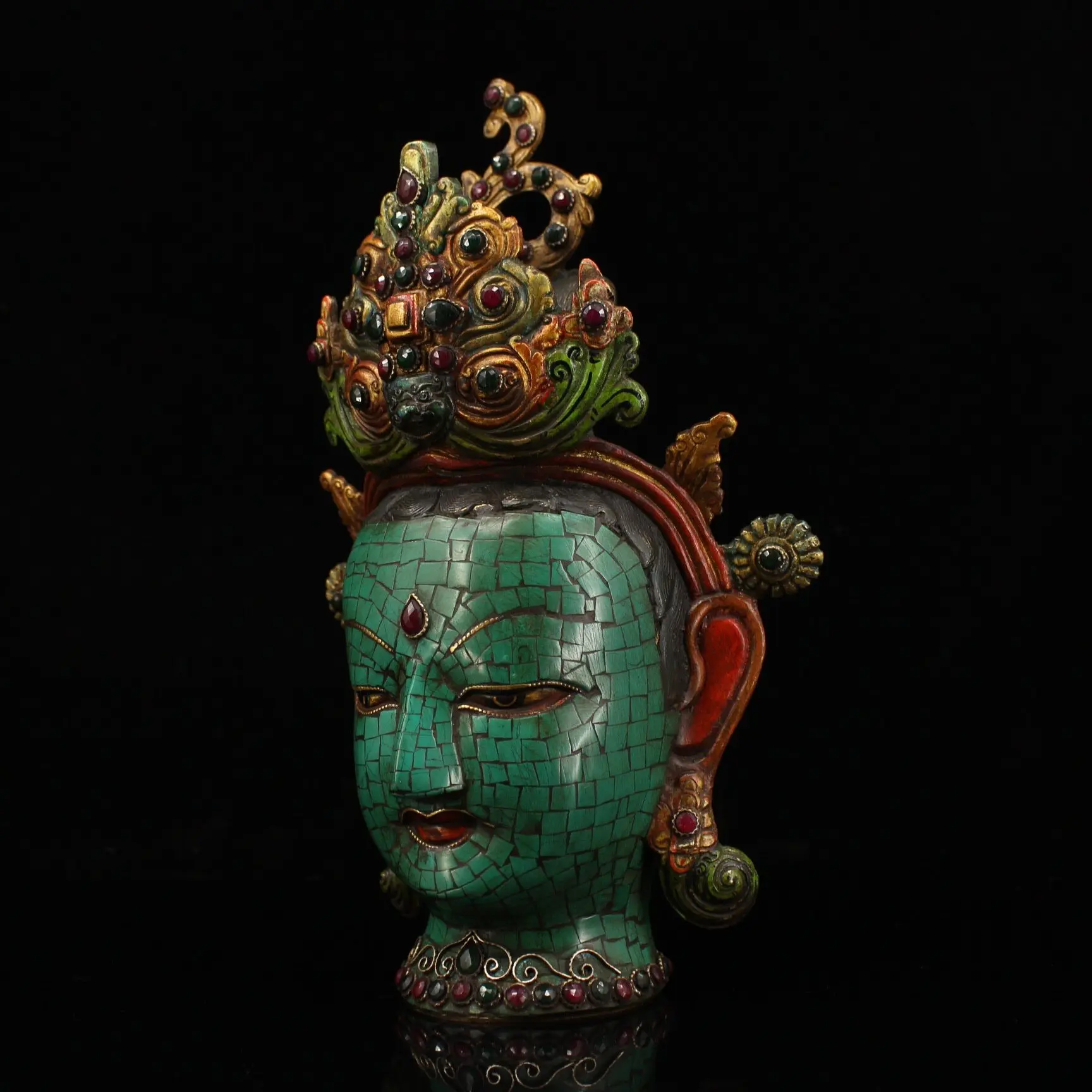 Nepal Pure Copper Green Tara Bust Gem Inlaid Painted Home Altar Decor Collectible
