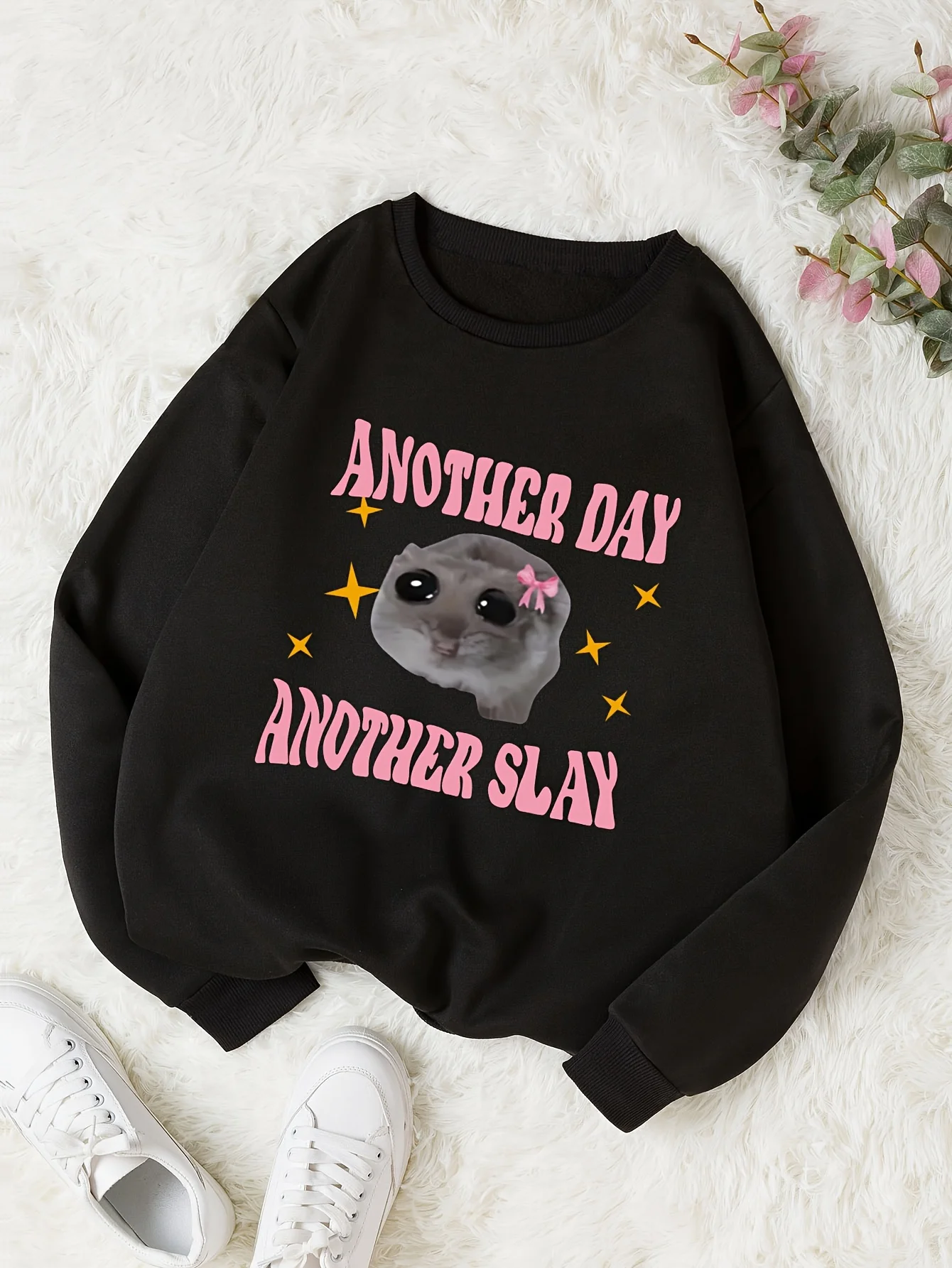 

Girls' Cozy Long Sleeve Sweatshirt with Adorable Mouse Print - Casual Loose Fit for Fall/Winter, Perfect for Outdoor Play