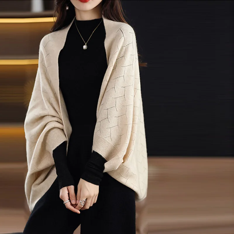 Women Casual Knit Shawl Solid Color Batwing Sleeves Cardigan Soft Warm for Fall/Winter