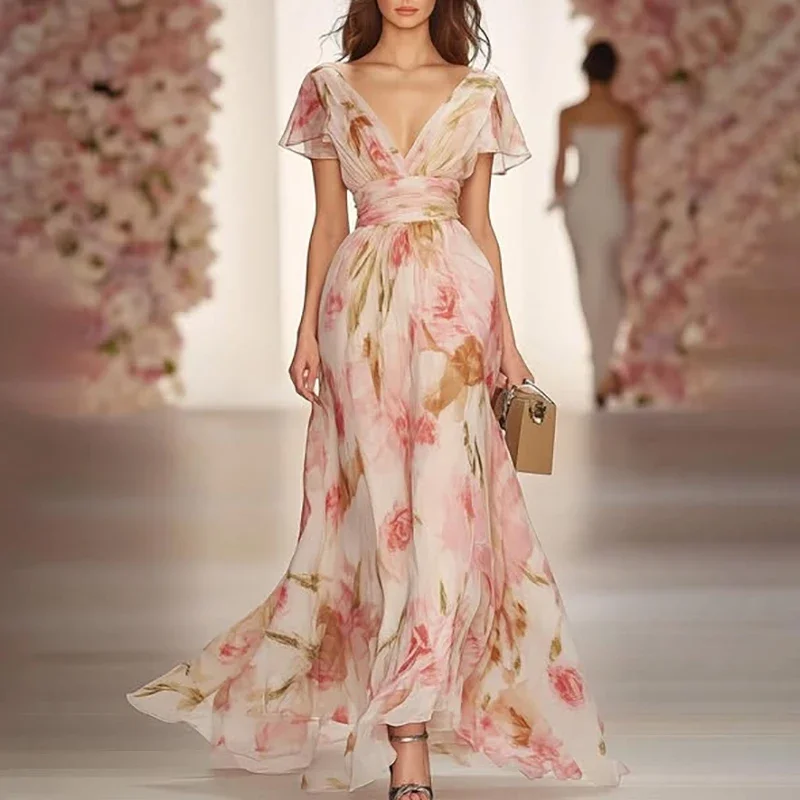 Abito lungo stile Boho elegante con stampa floreale Donna Primavera scollo a V Abito da festa a vita alta Abito estivo con zip a maniche corte Vestido