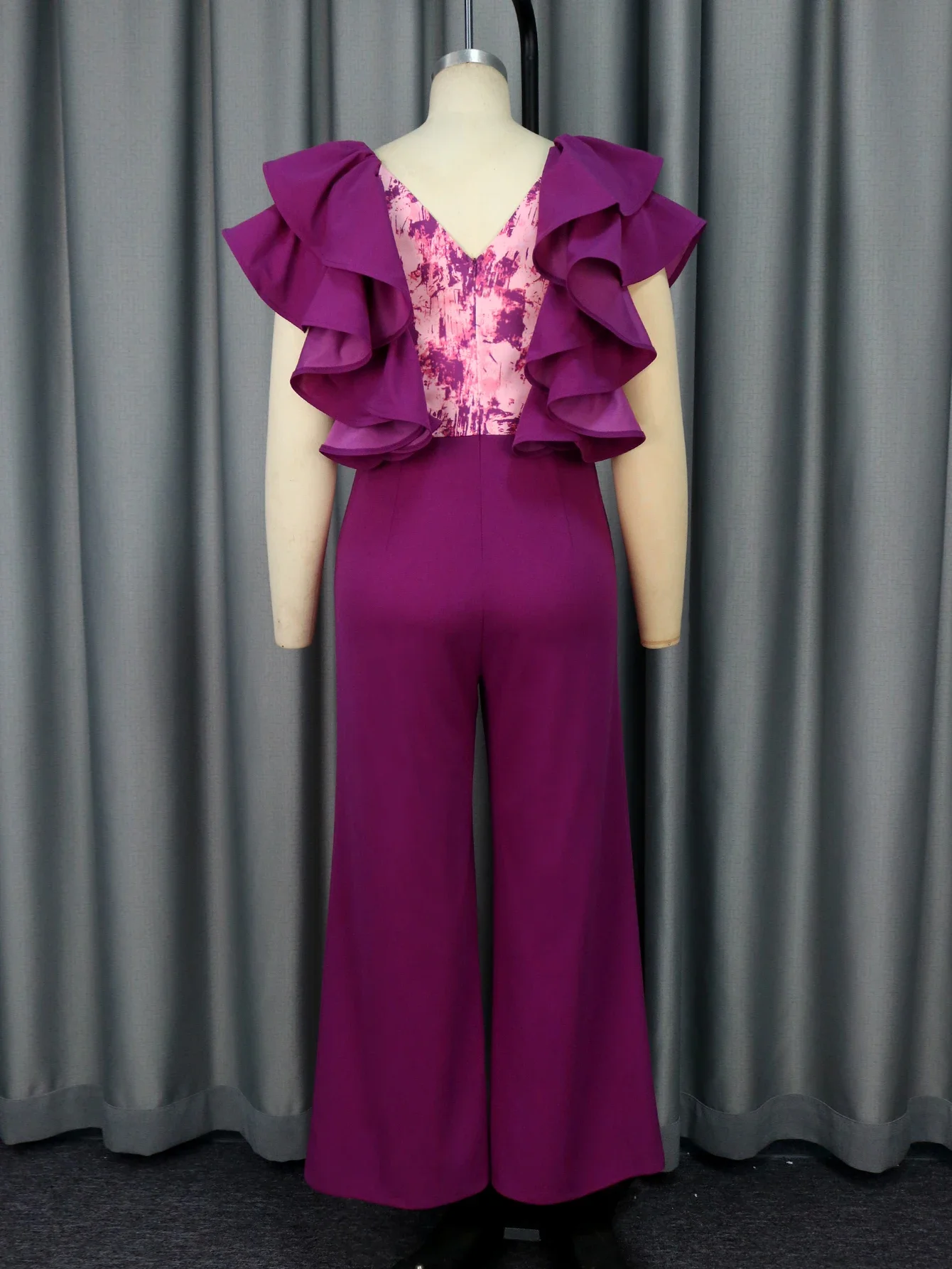 Ukuran besar 4XL untuk Wanita Ruffle Edge V-neck dicetak tanpa lengan kaki lebar elegan Jumpsuit Formal malam merayakan ulang tahun Romper