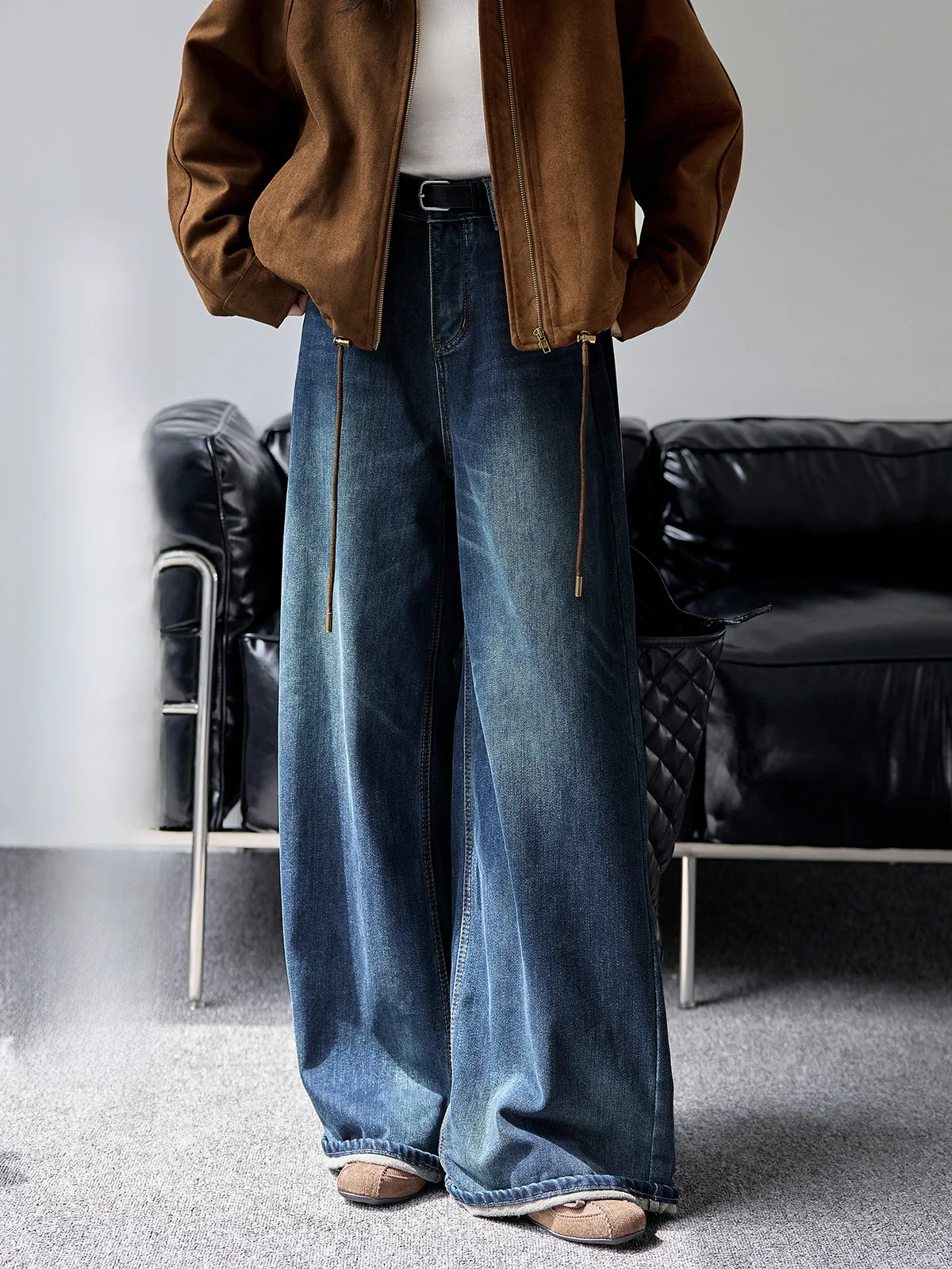 

Женские зимние джинсы с высокой талией и широкими штанинами, новые, в американском ретро-стиле, прямые брюки для повседневной носки, устойчивые к пятнам.