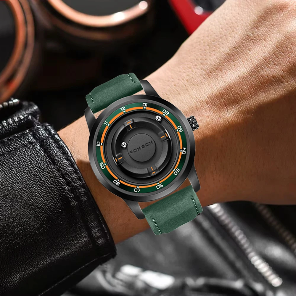FOXBOX Unique Dial Quartz Man Watch Fashion Casual Sport Leather Srolling Beads Clock Magnetic Force Waterproof Watches Male+Box view 5