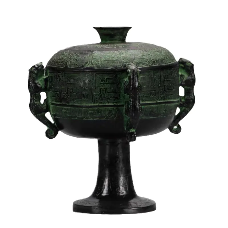 Antique Ornament Four Tiger Pan Dragon Pattern Offering Food Container Han Style Wedding Props Bronze Beans R