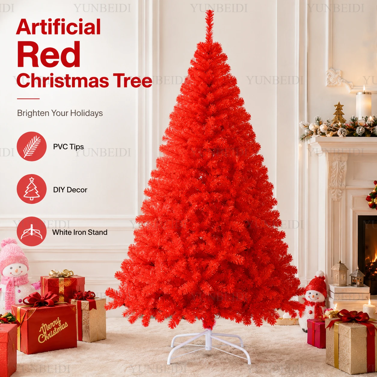 Künstlicher Roter Weihnachtsbaum 120cm-240cm PVC-Weihnachtsbaum mit Warmen LED-Lichtern für Weihnachtsfest, Party, Heim-DIY-Dekoration