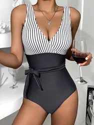 Striped V-neck Swimsuit One Piece Strap Swimwear Women Knot Side Bathing Suit Female Padded Monokini Swimming Beachwear Bodysuit