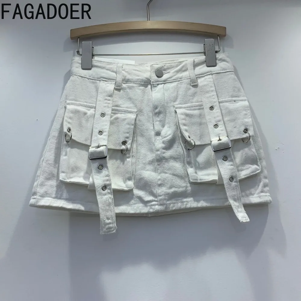 FAGADOER Pink Fashion Y2K Pocket Cargo Mini Denim Skirts Women High Waisted Button A-line Skirt Summer New Female Cowboy Bottoms