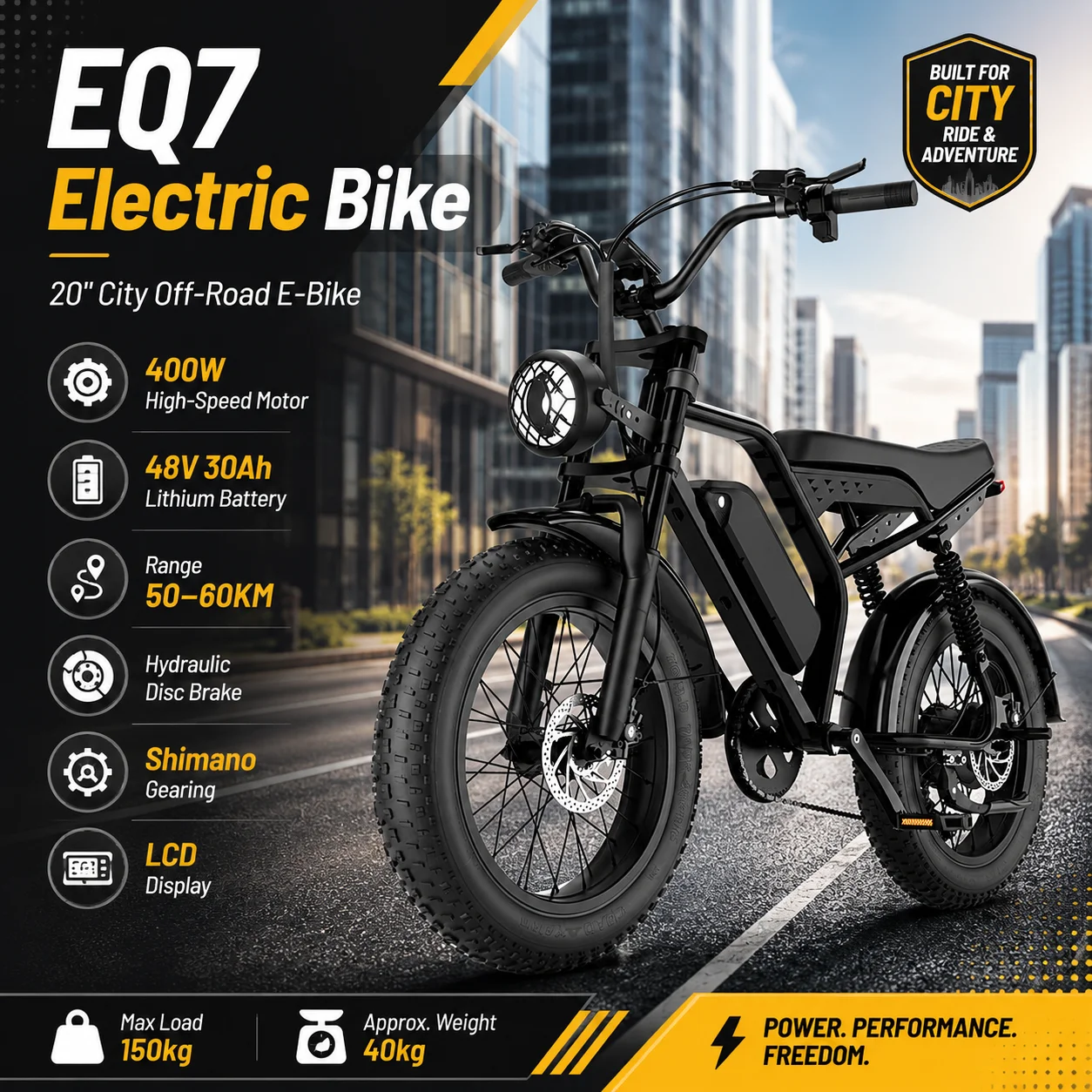 

20-Inch EQ7 Urban Off-Road E-Bike 400W Motor 48V 30Ah Battery 26×4.0 Wide Tires Shimano Transmission LCD Display