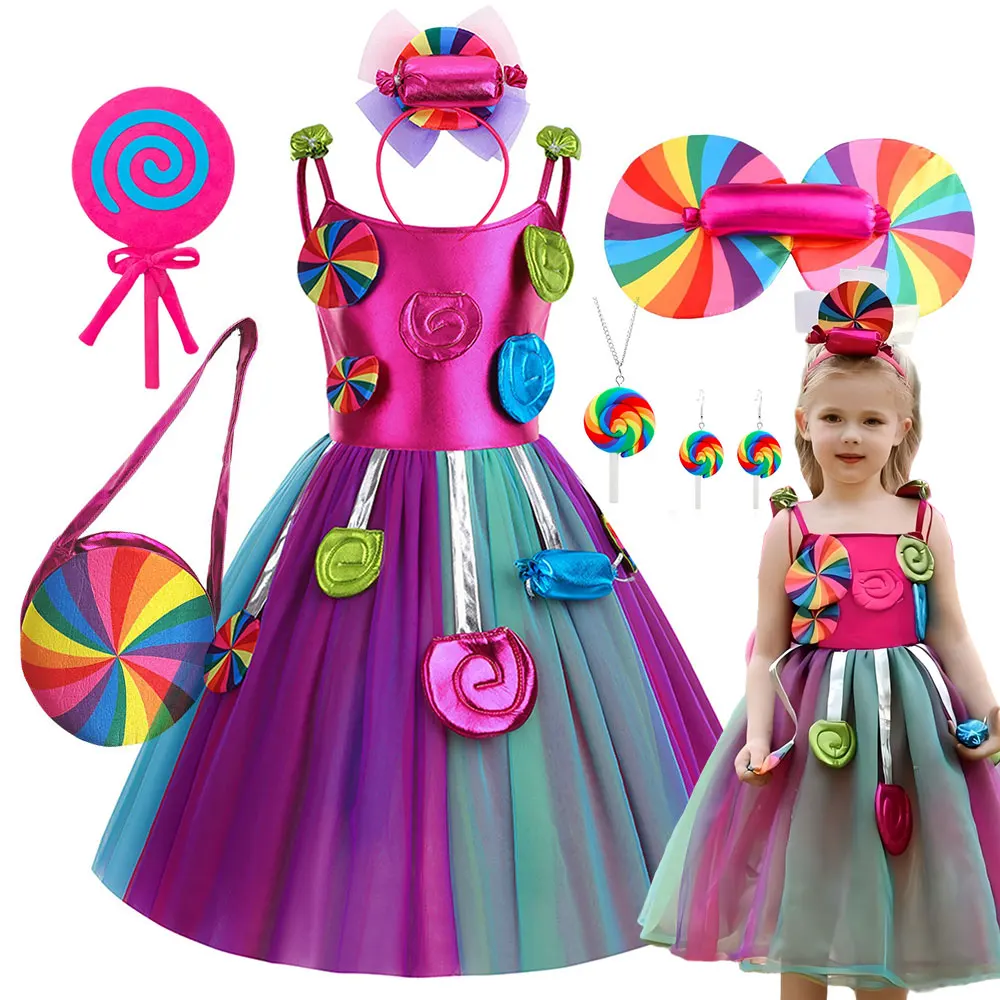 2026 Purim Festival Kostüm Süßes Bonbonkleid mit Stirnband Lollipop Kostüm für Mädchen Rio Karneval Outfit Kinderparade Bekleidung