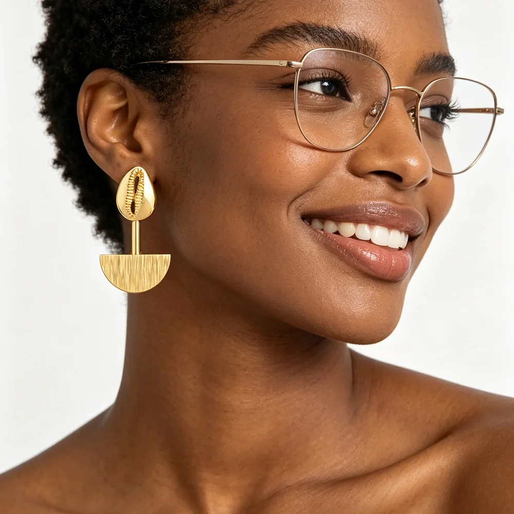 18K vergoldetes Muschel-Ohrringe- und Ring-Set mit gebürsteter Oberfläche für Damen, luxuriöse Hochzeits- und Party-Accessoires, Brautschmuck, Geschenk – Detail 2