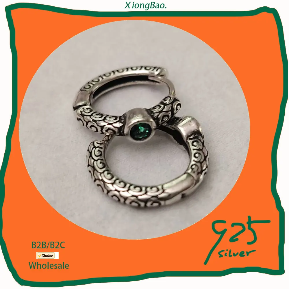 

Stamp 925 Sterling Silver Vintage Pattern Ears Gift Ear Buckles for Women Hoop Earrings Women Statement Jewelry Green Emerald