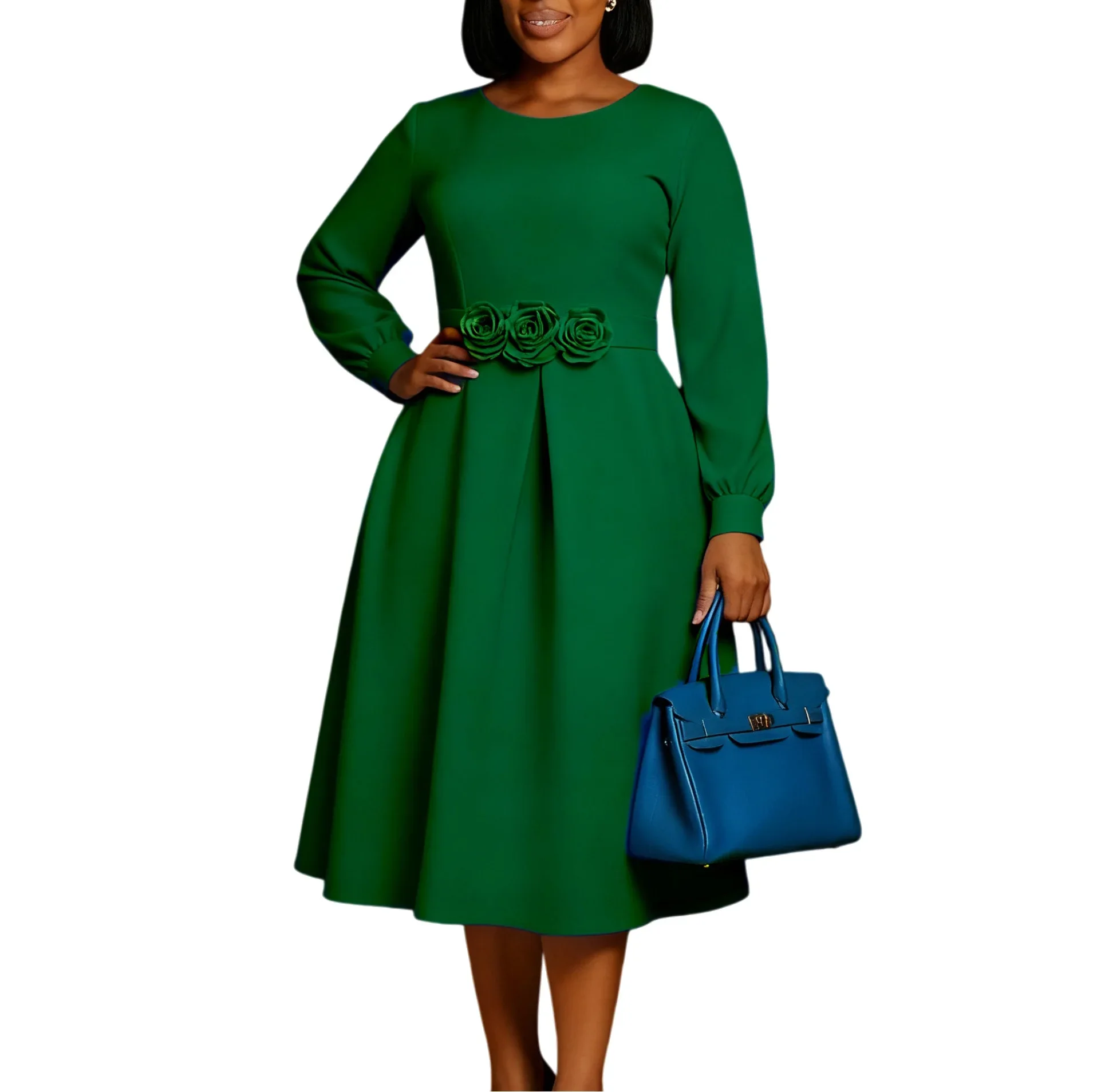 

Autumn Winter Fashion African Women Long Sleeve O-neck Polyester High Waist Party Evening Midi Dress Dashiki African Dresses