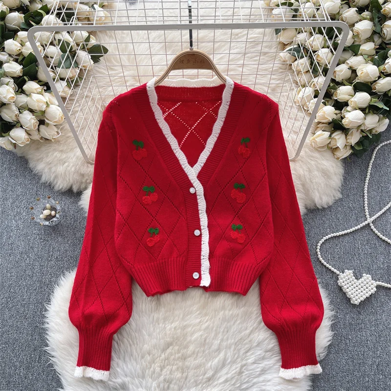 Korean Cherry Embroidery Contrasting Wavy Edge slim Short Knit Cardigan Jacket V-neck Single-breasted Ladies Knitwear Black Red