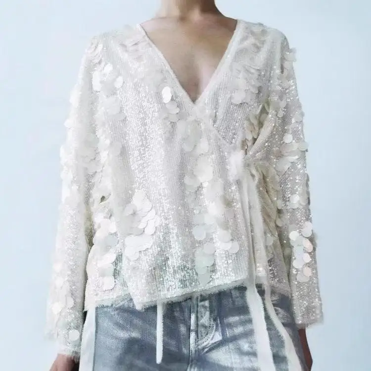 New spring and summer Women Sequin Kimono Jacket Coat Long Sleeve V Neck Female Casual Loose Outerwear Chic Lady Wrap Outfits