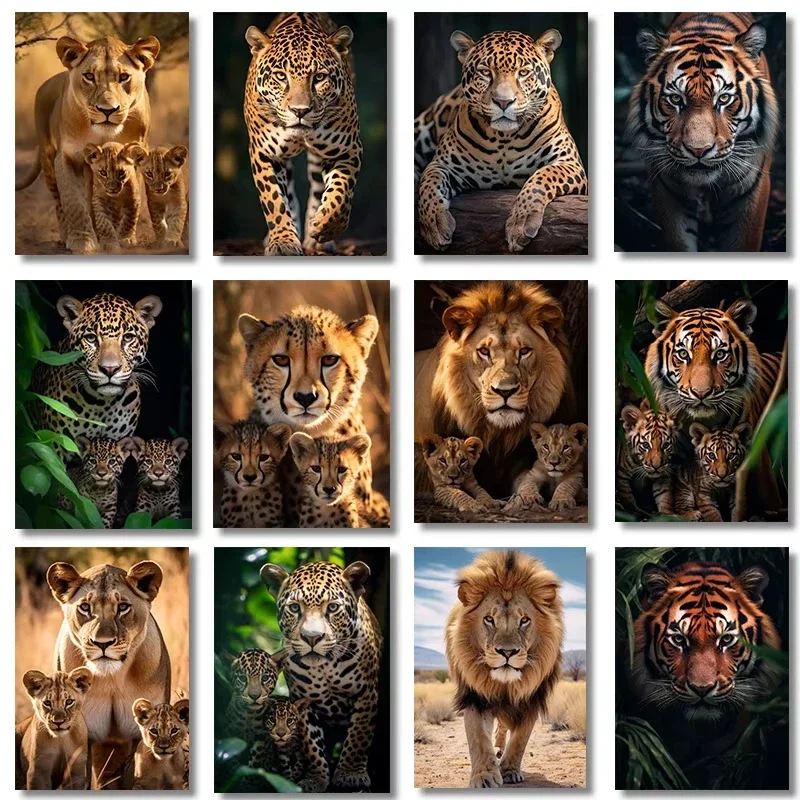 5D DIY Realistic Big Cat Family Diamond Painting, Lion Tiger Leopard Wall Art for Living Room Bedroom Home Decor
