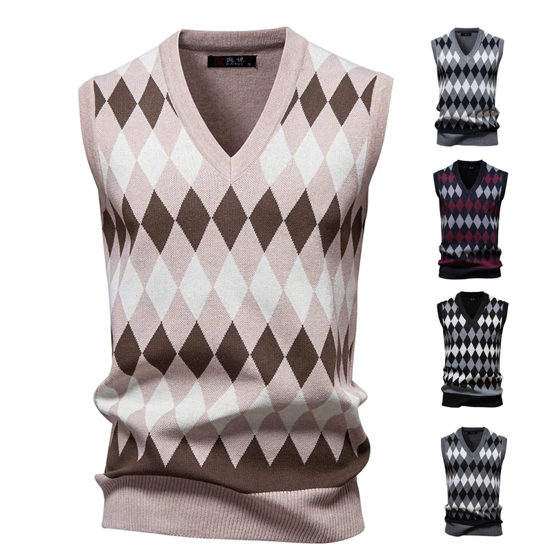 

Мужские вязаные жилеты в клетку аргайл с V-образным вырезом, без рукавов, пуловеры, осенне-весенние майки