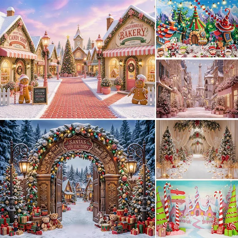 LS Welcome to Christmas Town Backdrops Kids Baby Photography Child Adult Photocall Castle Xmas Tree Snowy Background