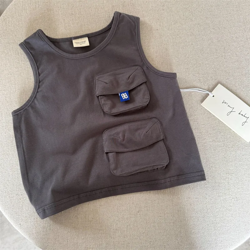 子供用ベスト-2025年夏新作-男の子と女の子向け-シンプルポケットベスト-ベビー無地ノースリーブ服-トレンド