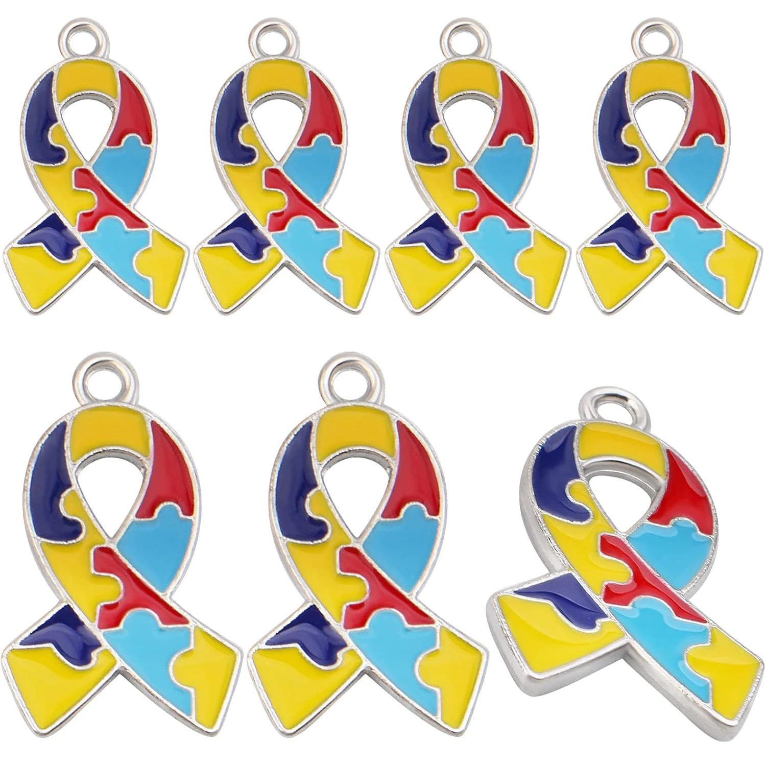 

20 Pieces Colorful Enamel Autism Charms Alloy Ribbon Shape Autistic Awareness with Puzzle Dangle Pendants for DIY Jewelry Making