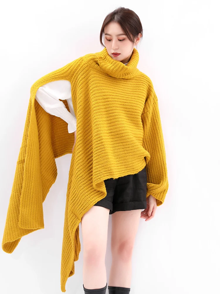 [EAM] Yellow Irregular Big Size Knitting Sweater Turtleneck Long Sleeve Women Pullovers New Fashion Spring Autumn 2024 WJ03816M