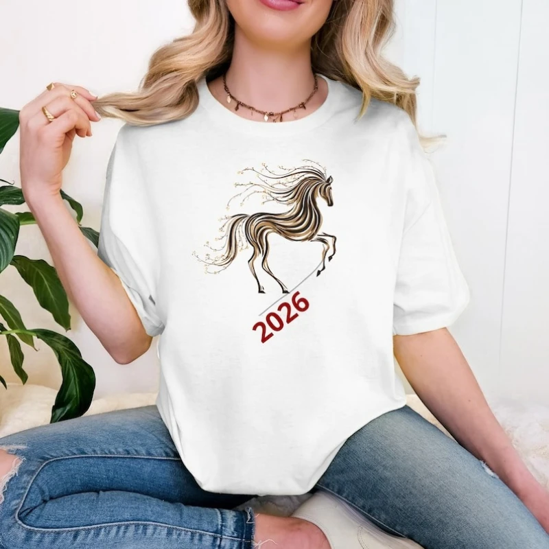 2026 Year of The Horse Cotton T-Shirt, Lunar New Year Zodiac Tee, Artistic Running Horse Design, Chinese Horoscope Gift Tees