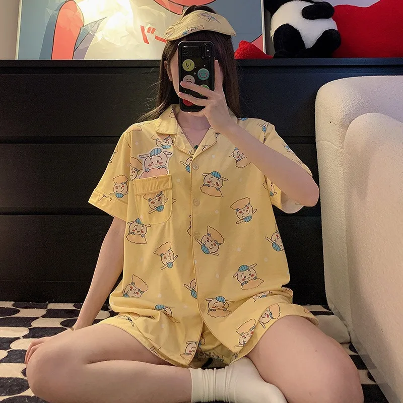 Anime Cartoon Chiikawa Perifere Usaki Xiaohachi Pyjama Dames Korte Mouwen Shorts Puur Katoenen Huiskleding Set