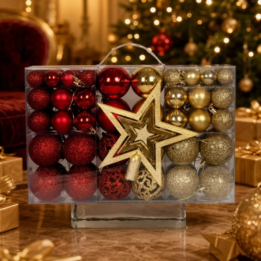 101Pcs Plastic Xmas Tree Decorative Ball Shatterproof Hanging Christmas Ball Set DIY Decorative Matte Christmas Ball Gift Box