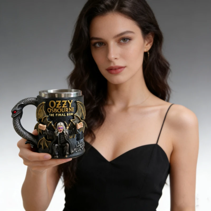 

Vintage Gothic Rock Style Mug - Handcrafted Resin Outer & Stainless Steel Liner, Throne & Skull Relief Decor Perfect Bar/Home