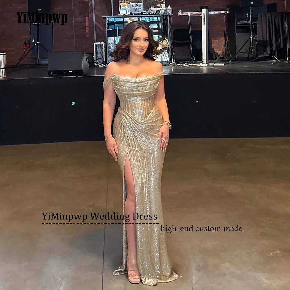 Golden Shiny Evening Dress For Women Off Shoulder Mermaid Formal Occasion Elegant Pleat Split Arabic Prom Gowns Customized
