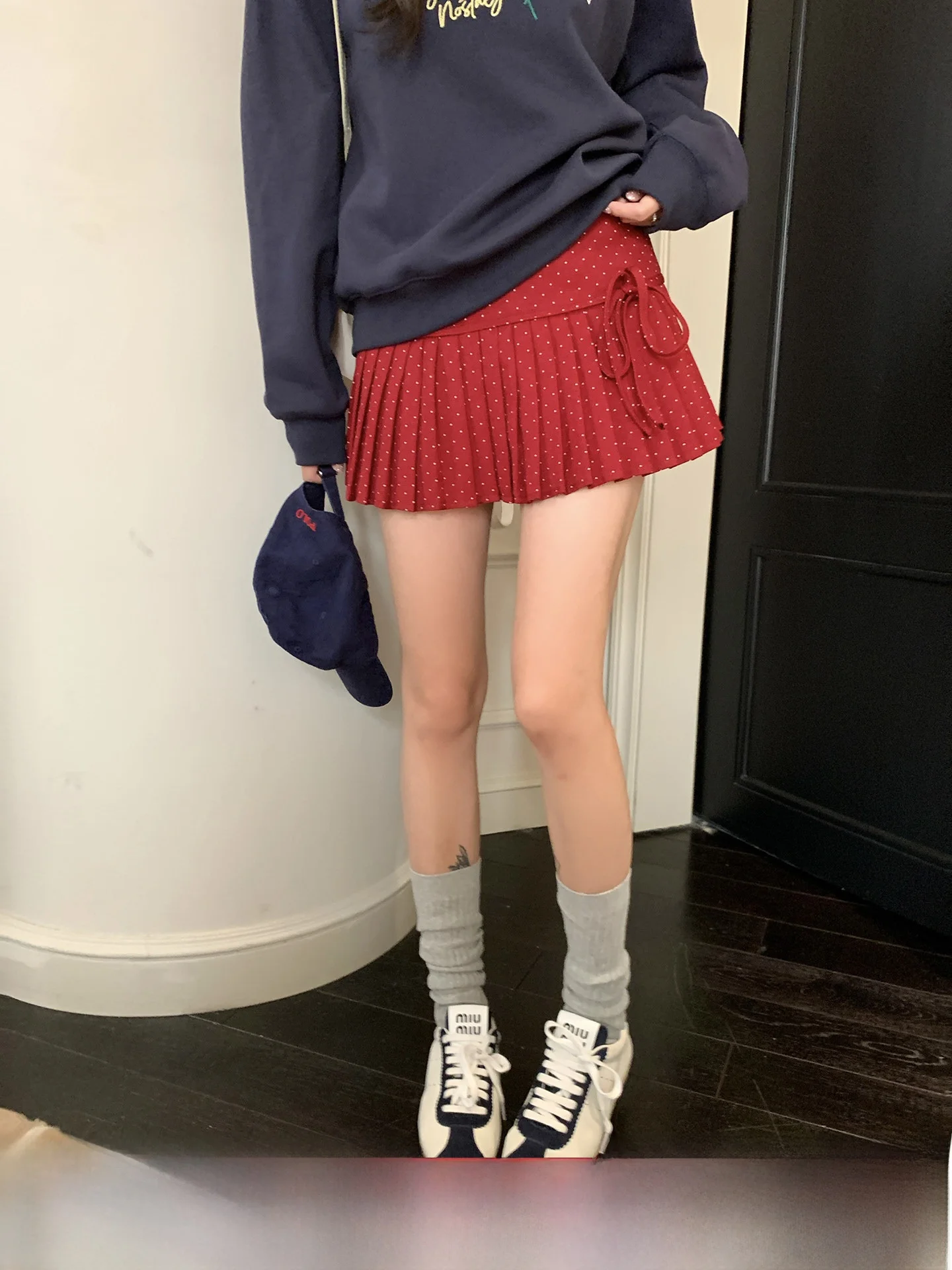 

Red Wine Polka Dot A-Line Skirt Women's Autumn New Design Sense f Skirt High Waist Pleated Polyester Viscose Blend