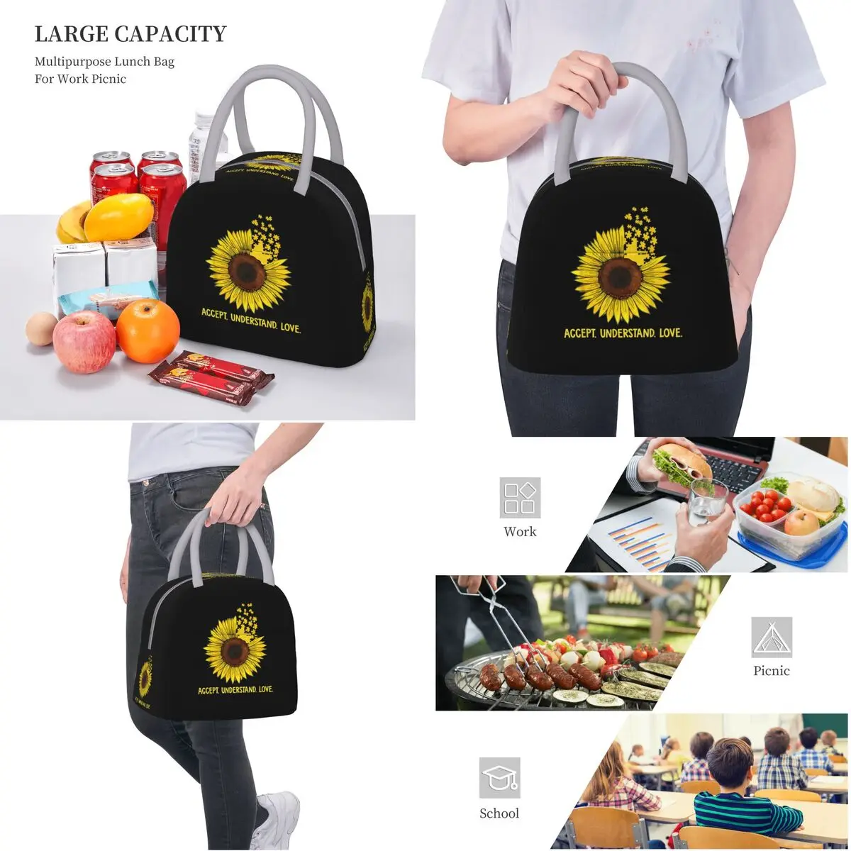 Love Sunflower Product Insulated Lunch Tote Bag For School Office Food Storage Bag Portable Thermal Cooler Lunch Box