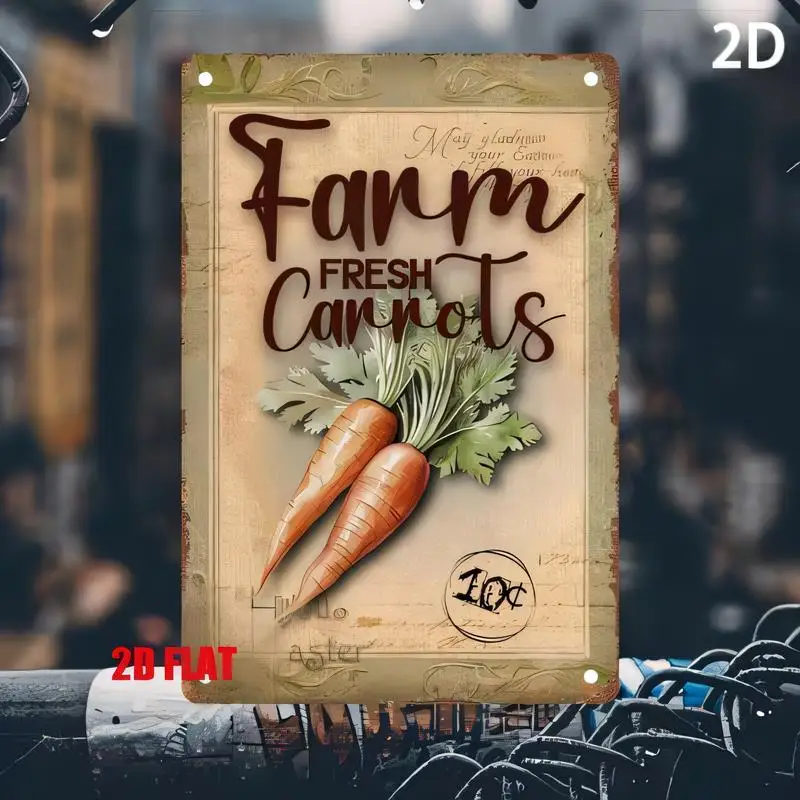 2D Flat Farm Fresh Carrots Vintage Metal Tin Sign - Retro Rustic Carrot Illustration Wall Art, Iron for Farmhouse Kitchen Decor