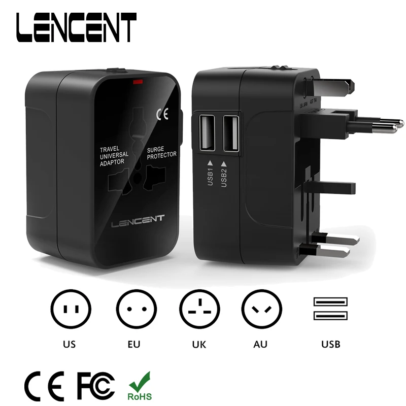 LENCENT 1PC ปลั๊ก Travel Universal Adapter All In One International Power Adapter กับ USB Charger Dual สำหรับ US UK EU AU