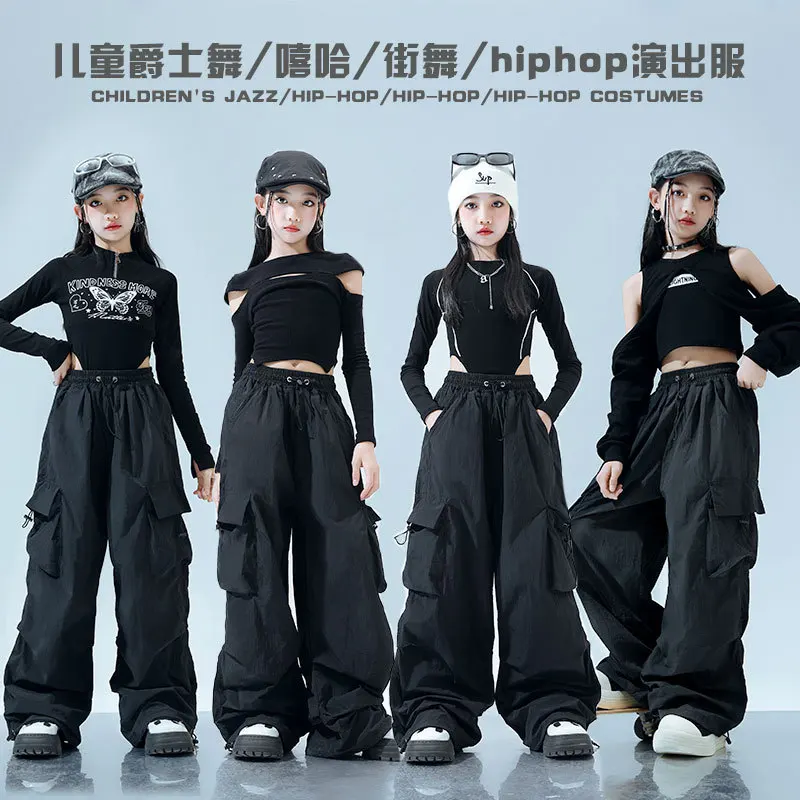 Kinder Jazz Dance Kostüm Set Hip Hop Schwarz Enge Crop Top Mädchen Bühne Laufsteg Mode Langarm Camouflage Hosen Kostüm