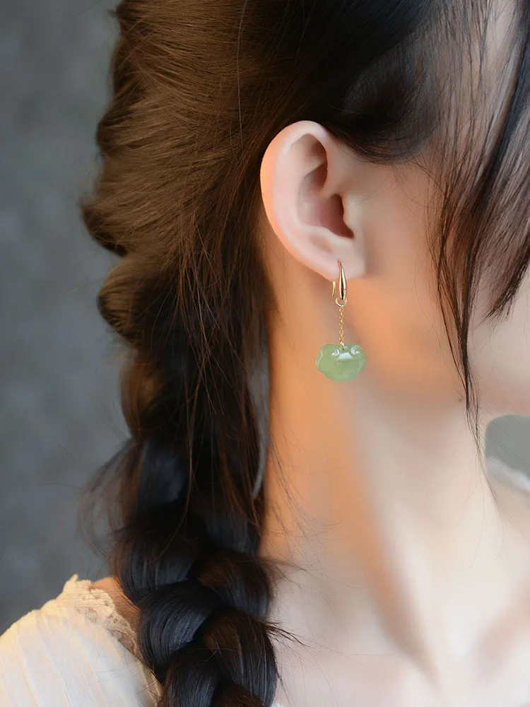 Natural Hetian Jade Ruyi Xiangyun Female Girlfriends Sterling Silver Plated Earrings Ins Special-Interest