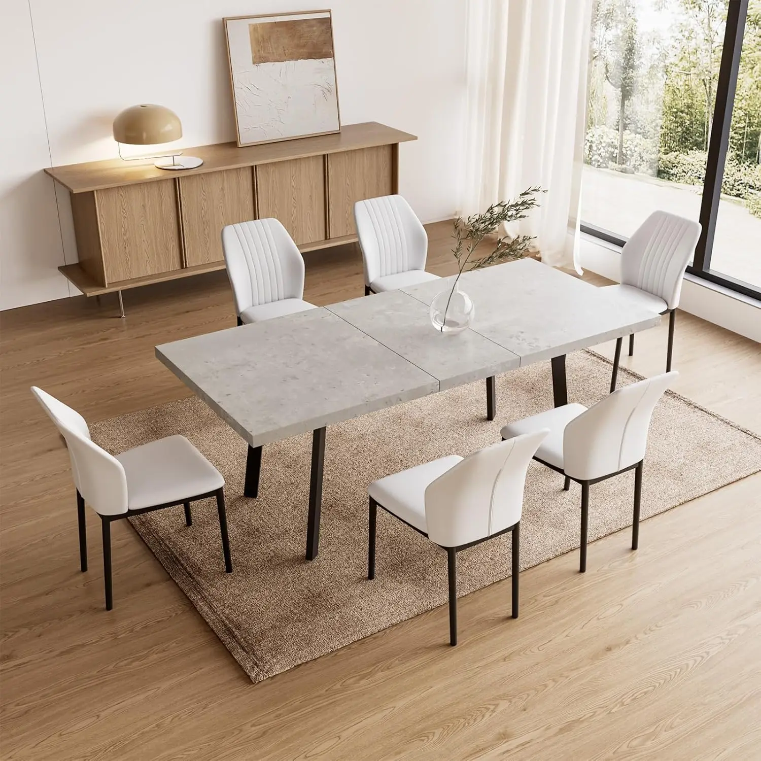 7 Piece Dining Table Set 62 Inch Modern Kitchen Table 6 Dining Chairs for 4-6 PersonExpandable MDF Dining Table with Steel Legs