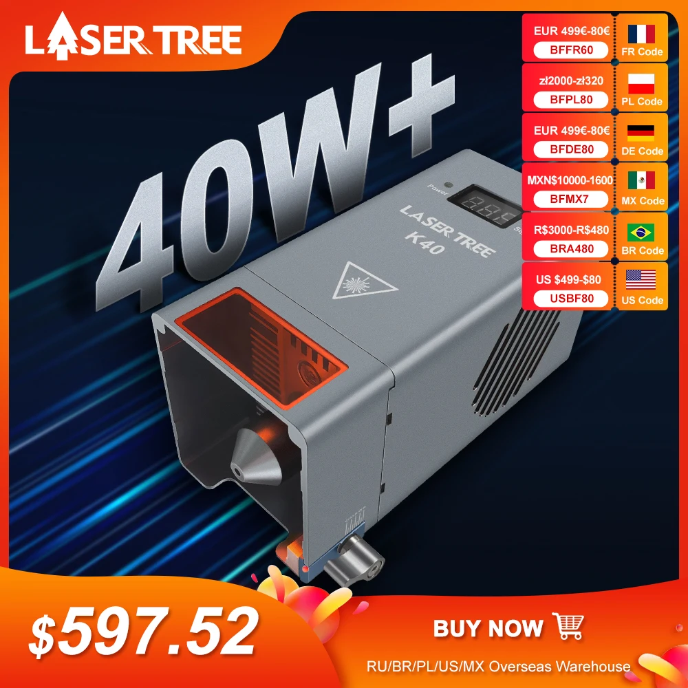 LASER TREE 40W Laser Module with Air Assist 8pcs Diodes 450nm TTL Blue Light Laser Head for Laser Engraver Cutter Tools