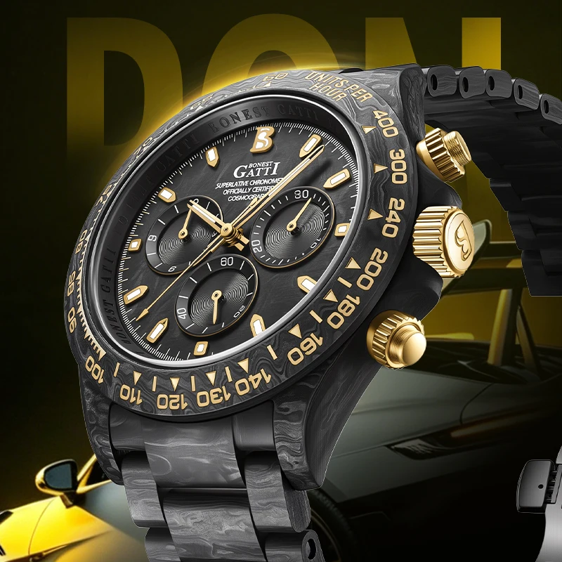 BONEST GATTI2026 New Luxury Carbon Fiber Multi functional Men's Automatic Mechanical Watch Waterproof Sports Timing Watch
