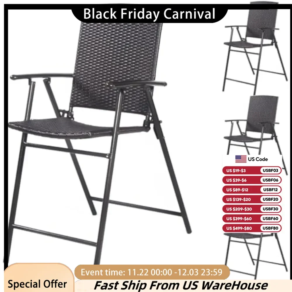 Folding Wicker Rattan Bar Chairs Set of 4, Patio Tall Stool with Armrests and Footrest Bar Chairs for Garden Patio Furniture Set