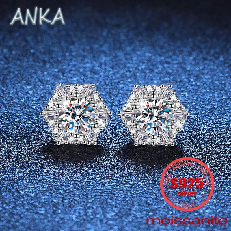 

ANKA NEW S925 Sterling Silver Earrings Hexagonal Star Snowflake D Color 1ct Moissanite Women's Earrings