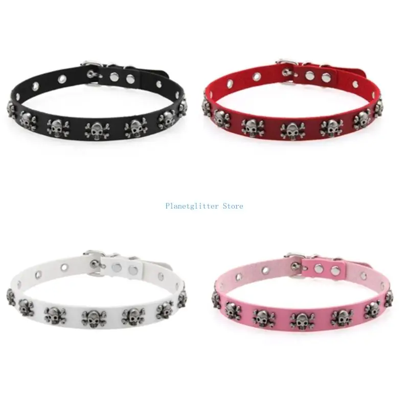 

652B Punk Skull Choker Necklace Soft Leather Collar With Metal Gothic Charm Adjustable Design For Women Men