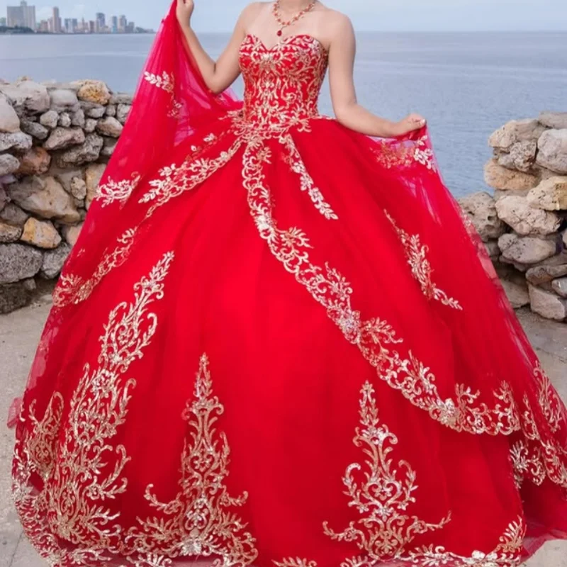 

Красное платье Quinceanera с золотыми блестками и кристаллами, кружевное многослойное платье с длинным хвостом, Vestidos De 15, Quinceanera ﻿ Настроить