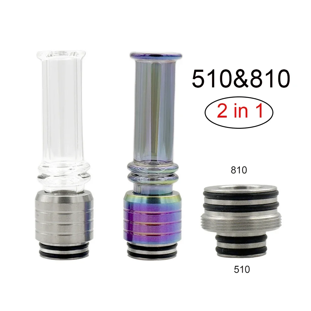 AosVape Long Glass Drip Tip 2 in 1 810 510 Thread Adapter Screw Stainless Steel DIY Tank Accessories